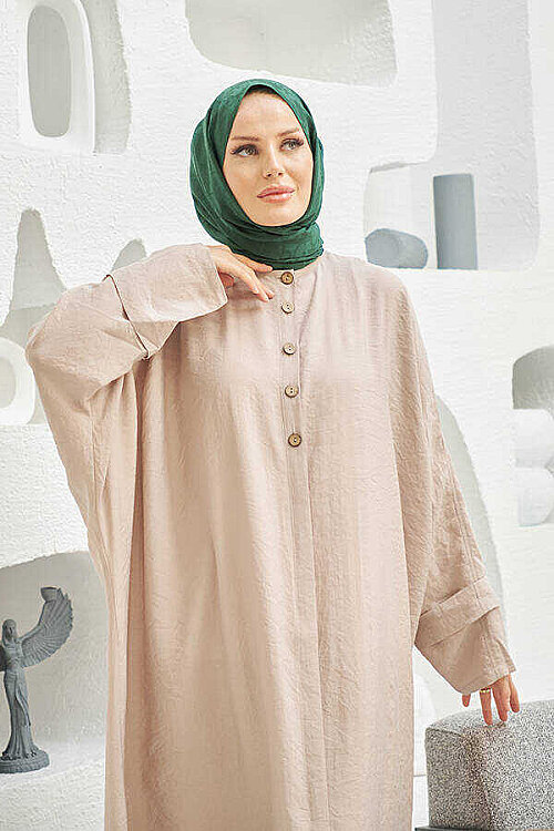 6618-Modal Süs Düğmeli Abaya Bej - 2