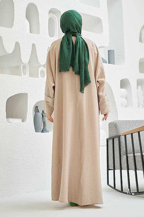 6618-Modal Süs Düğmeli Abaya Bej - 5