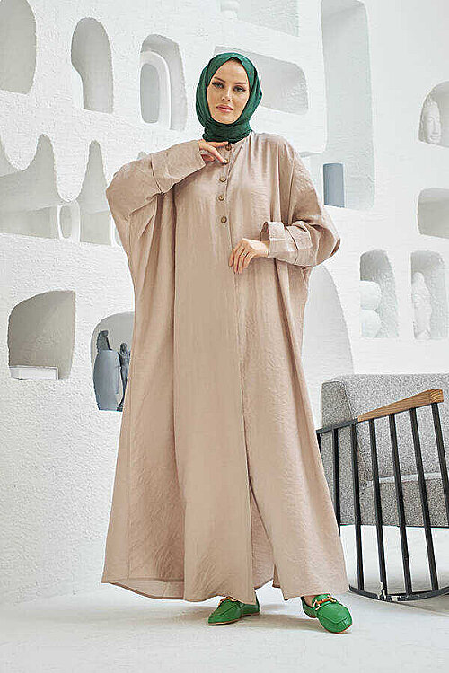 6618-Modal Süs Düğmeli Abaya Bej - 4