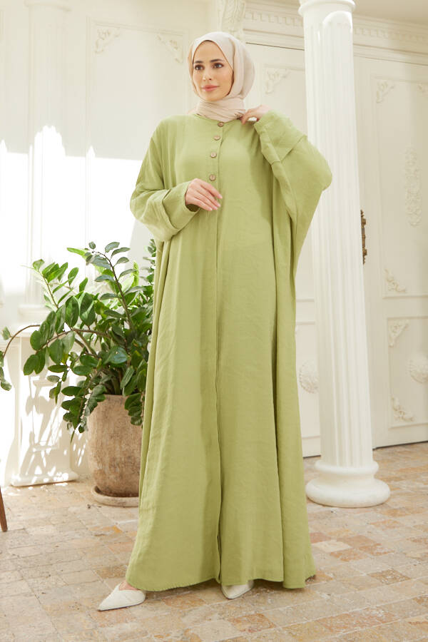 6618-Modal Süs Düğmeli Abaya Fıstık Yeşili