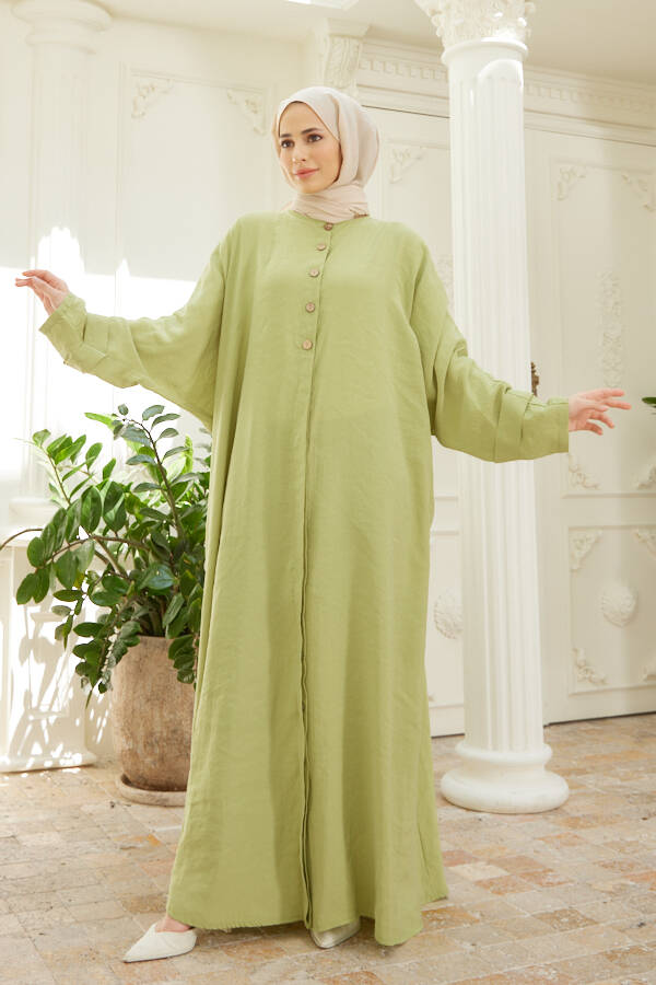 6618-Modal Süs Düğmeli Abaya Fıstık Yeşili