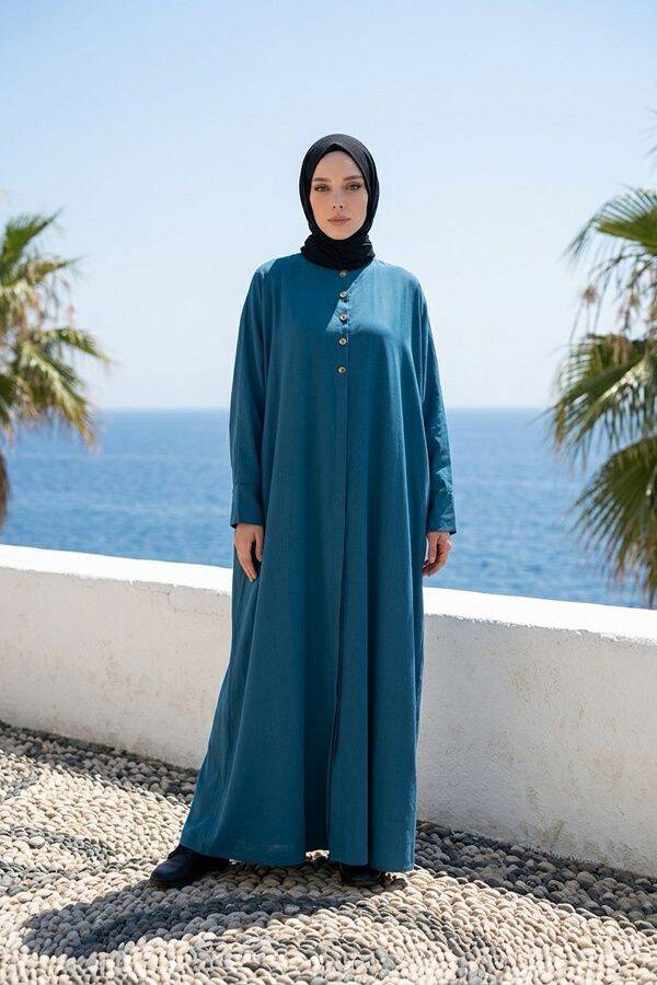 6618-Modal Süs Düğmeli Abaya İndigo