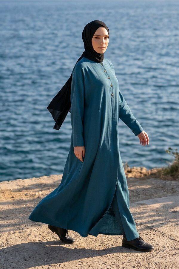 6618-Modal Süs Düğmeli Abaya İndigo