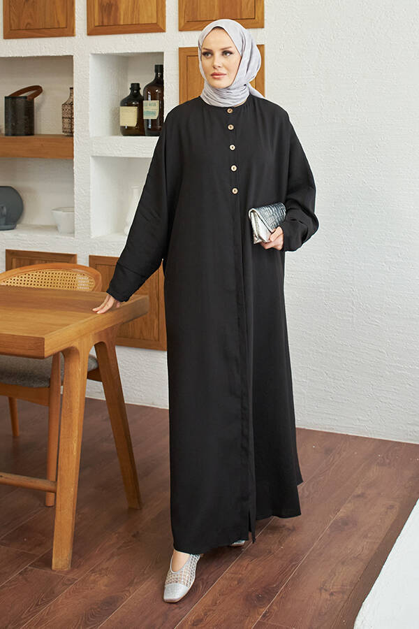 6618-Modal Süs Düğmeli Abaya Siyah