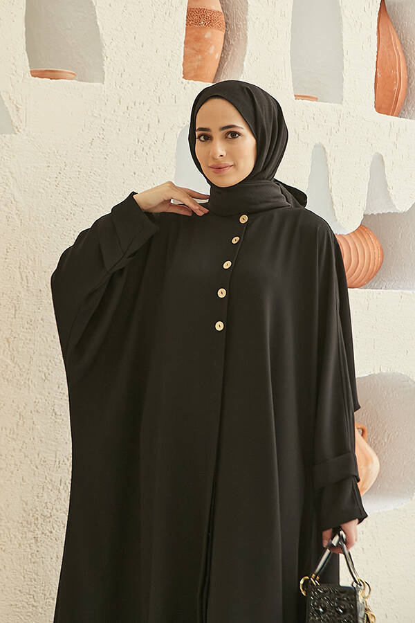 6618-Süs Düğmeli Patlı Abaya Siyah