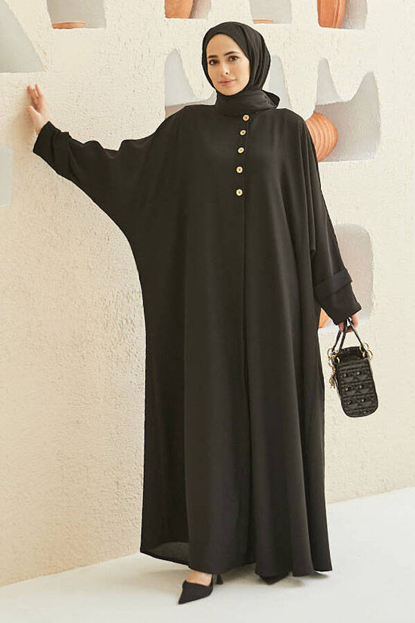 6618-Süs Düğmeli Patlı Abaya Siyah