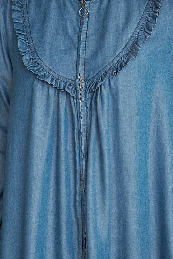 6619-Denim Fırfırlı Ferace Koyu Mavi