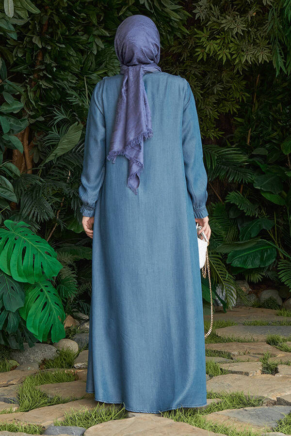 6619-Denim Fırfırlı Ferace Koyu Mavi
