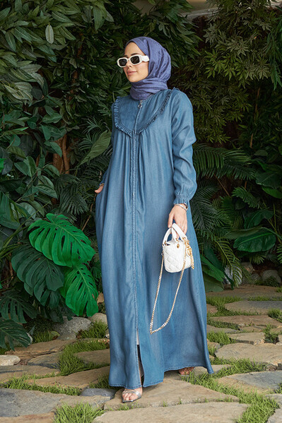 Neways - 6619-Denim Fırfırlı Ferace Koyu Mavi