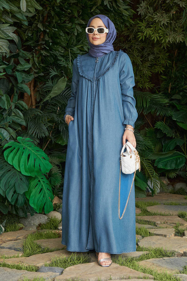 6619-Denim Fırfırlı Ferace Koyu Mavi