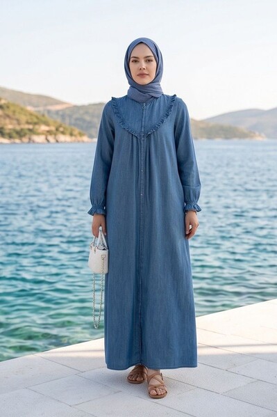 Neways - 6619-Denim Fırfırlı Ferace Koyu Mavi