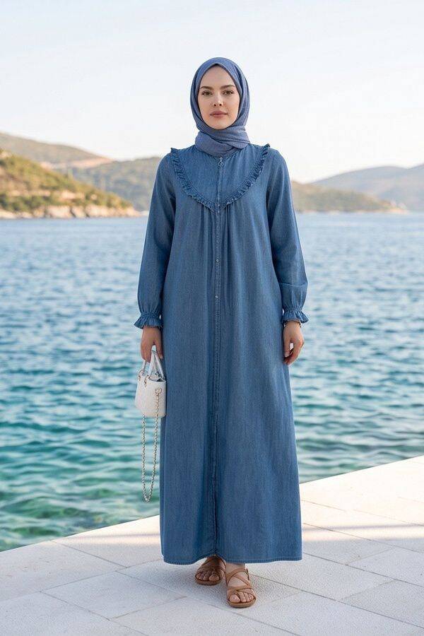 6619-Denim Fırfırlı Ferace Koyu Mavi