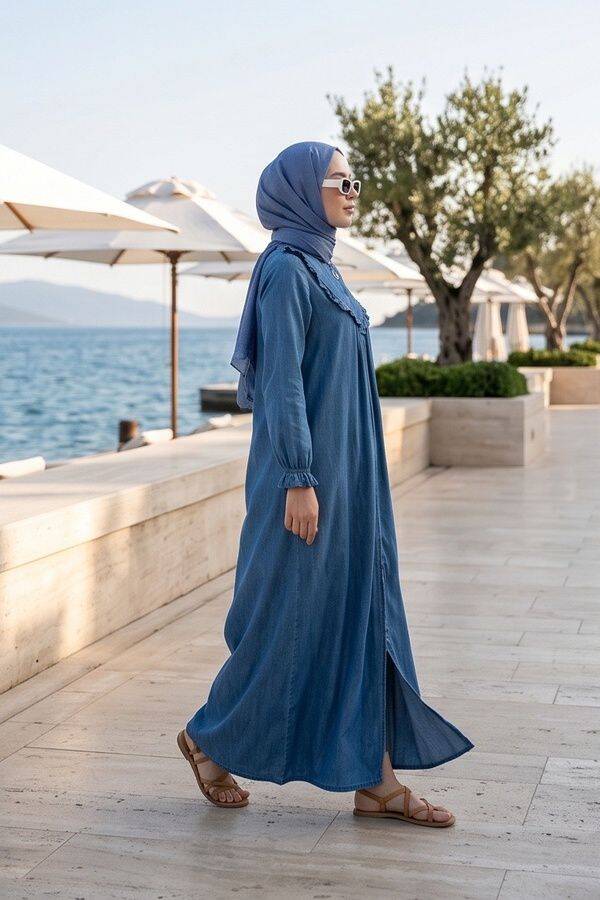 6619-Denim Fırfırlı Ferace Koyu Mavi DENİM Neways