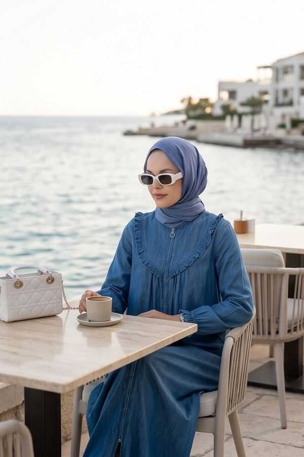 6619-Denim Fırfırlı Ferace Koyu Mavi DENİM Neways