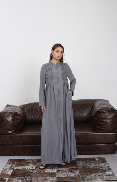 Neways - 6627-Tensel Kroşetalı Fermuarlı Ferace Gri