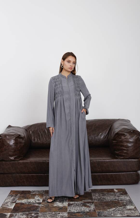 6627-Tensel Kroşetalı Fermuarlı Ferace Gri