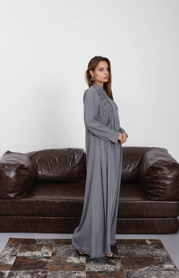 6627-Tensel Kroşetalı Fermuarlı Ferace Gri