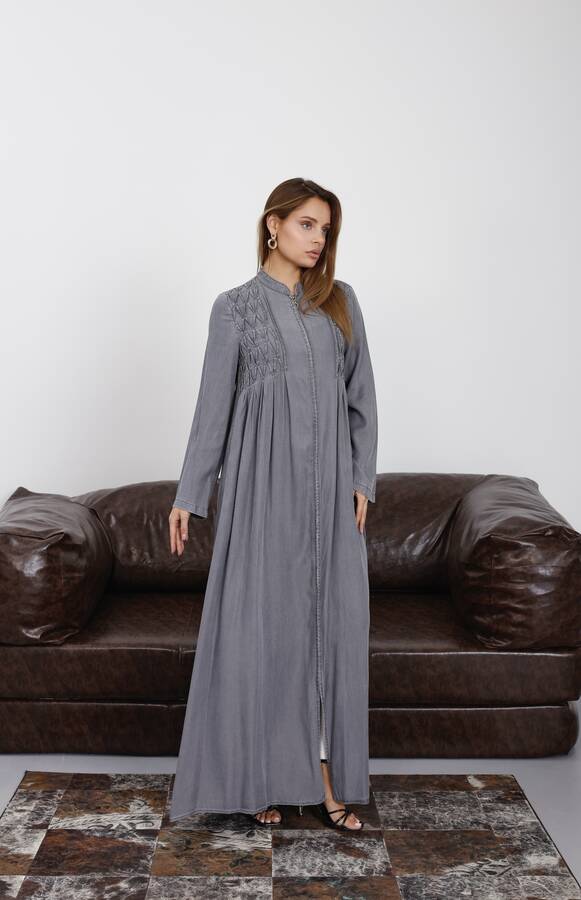6627-Tensel Kroşetalı Fermuarlı Ferace Gri