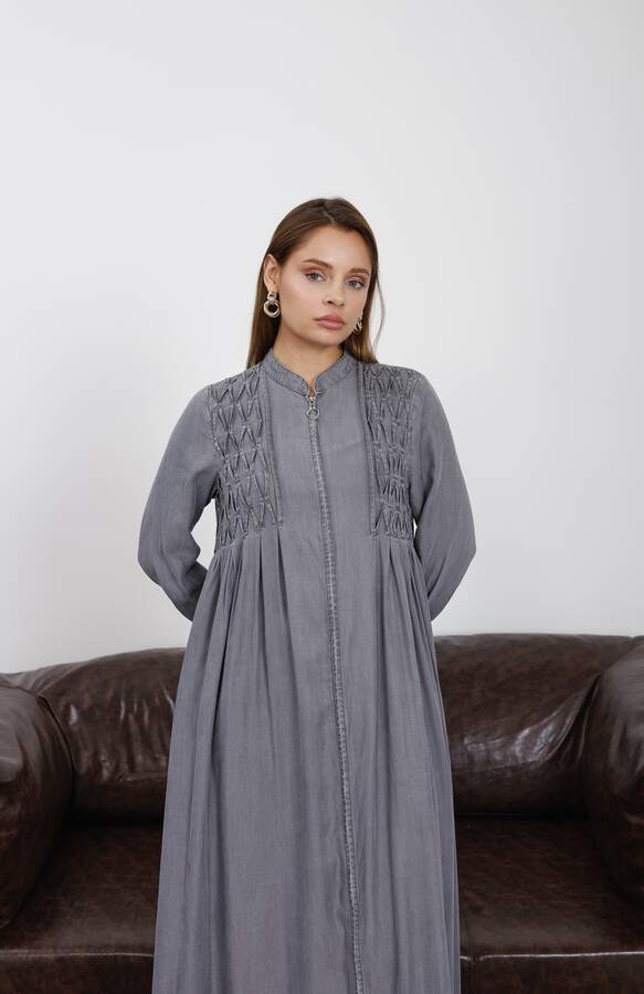 6627-Tensel Kroşetalı Fermuarlı Ferace Gri