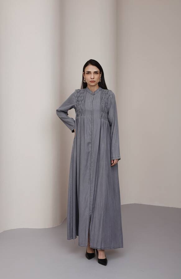 6627-Tensel Kroşetalı Fermuarlı Ferace Gri