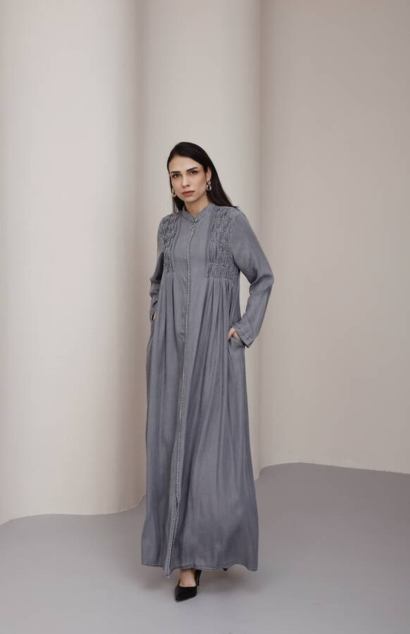 6627-Tensel Kroşetalı Fermuarlı Ferace Gri