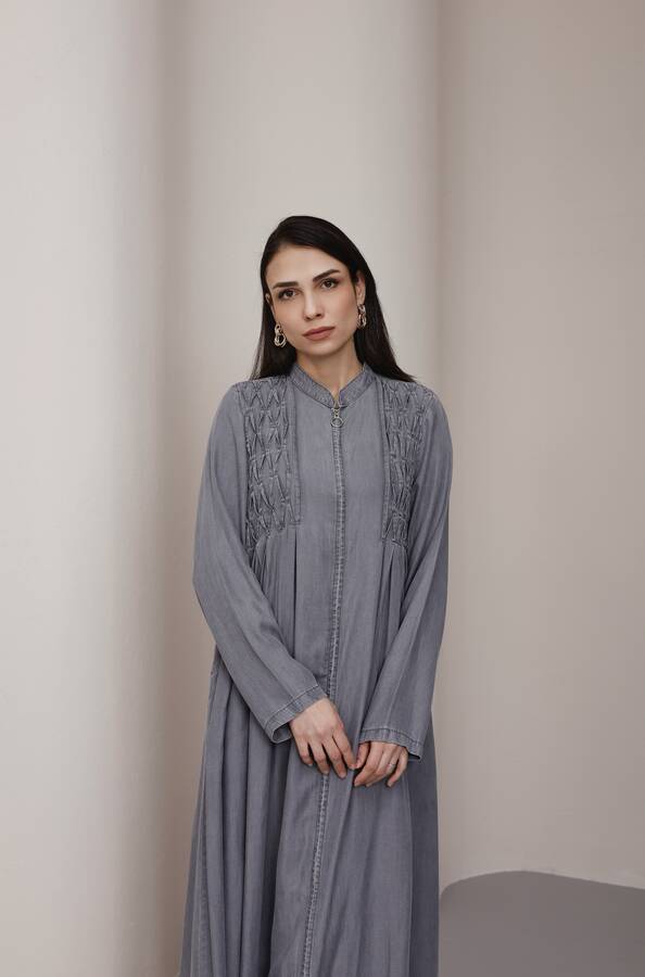 6627-Tensel Kroşetalı Fermuarlı Ferace Gri