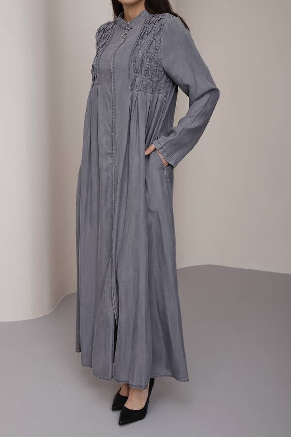6627-Tensel Kroşetalı Fermuarlı Ferace Gri