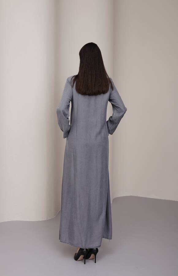 6627-Tensel Kroşetalı Fermuarlı Ferace Gri