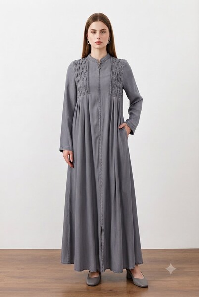 Neways - 6627-Tensel Kroşetalı Fermuarlı Ferace Gri
