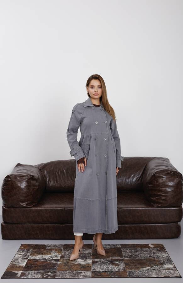 6632-Reglan Kollu Süs Pileli Denim Ceket Gri