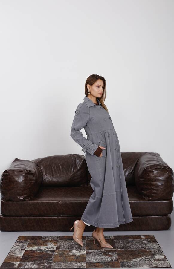 6632-Reglan Kollu Süs Pileli Denim Ceket Gri