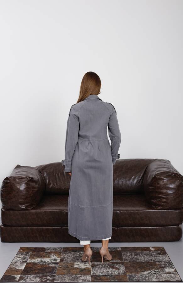 6632-Reglan Kollu Süs Pileli Denim Ceket Gri