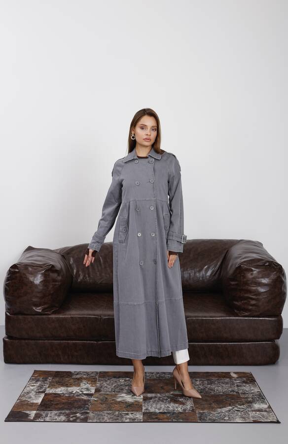 6632-Reglan Kollu Süs Pileli Denim Ceket Gri