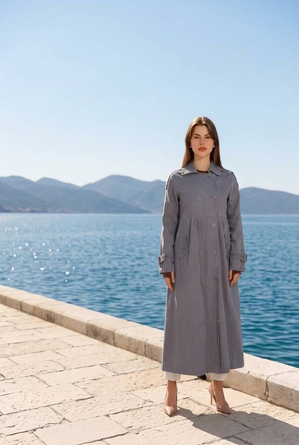 6632-Reglan Kollu Süs Pileli Denim Ceket Gri