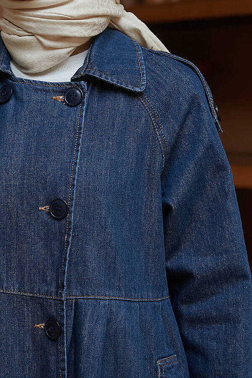 6632-Reglan Kollu Süs Pileli Denim Ceket Koyu Mavi - 16
