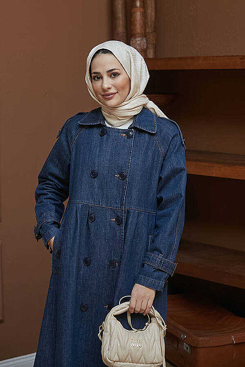 6632-Reglan Kollu Süs Pileli Denim Ceket Koyu Mavi - 13
