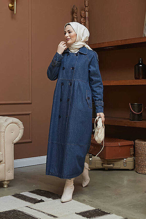 6632-Reglan Kollu Süs Pileli Denim Ceket Koyu Mavi - 15