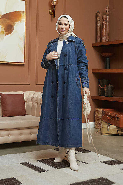 6632-Reglan Kollu Süs Pileli Denim Ceket Koyu Mavi - 12