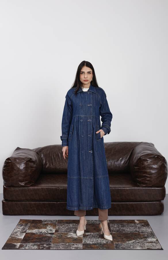 6632-Reglan Kollu Süs Pileli Denim Ceket Koyu Mavi