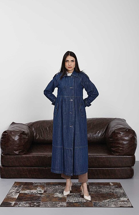 6632-Reglan Kollu Süs Pileli Denim Ceket Koyu Mavi - 7