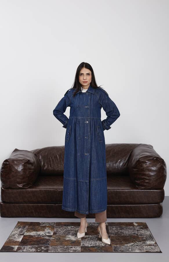 6632-Reglan Kollu Süs Pileli Denim Ceket Koyu Mavi