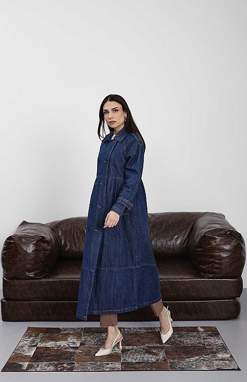 6632-Reglan Kollu Süs Pileli Denim Ceket Koyu Mavi - 8