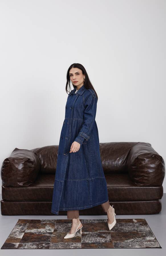 6632-Reglan Kollu Süs Pileli Denim Ceket Koyu Mavi