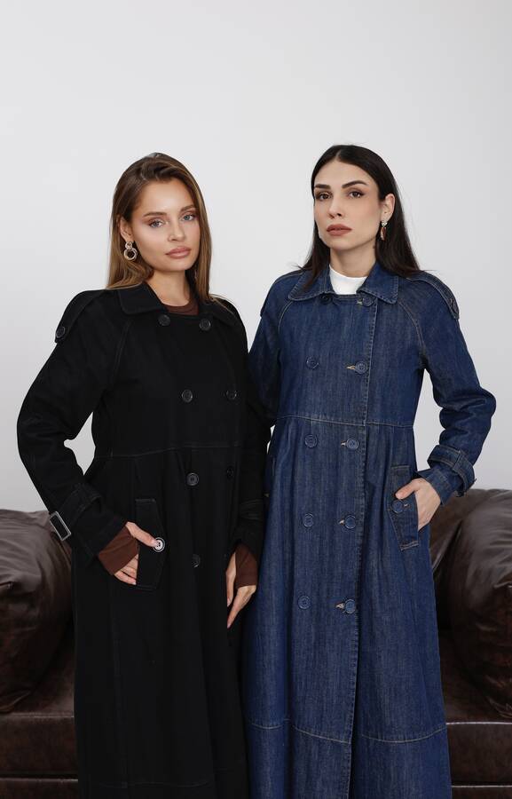 6632-Reglan Kollu Süs Pileli Denim Ceket Koyu Mavi