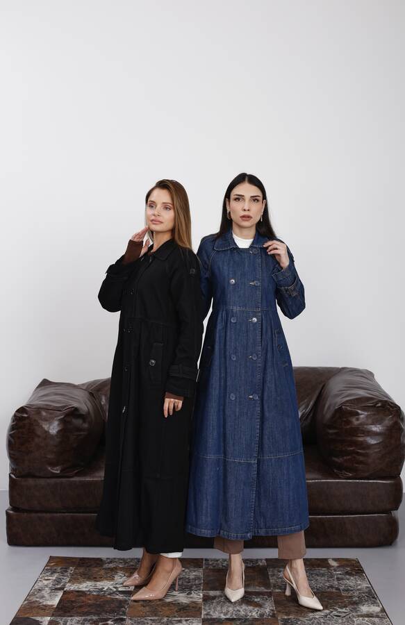 6632-Reglan Kollu Süs Pileli Denim Ceket Koyu Mavi