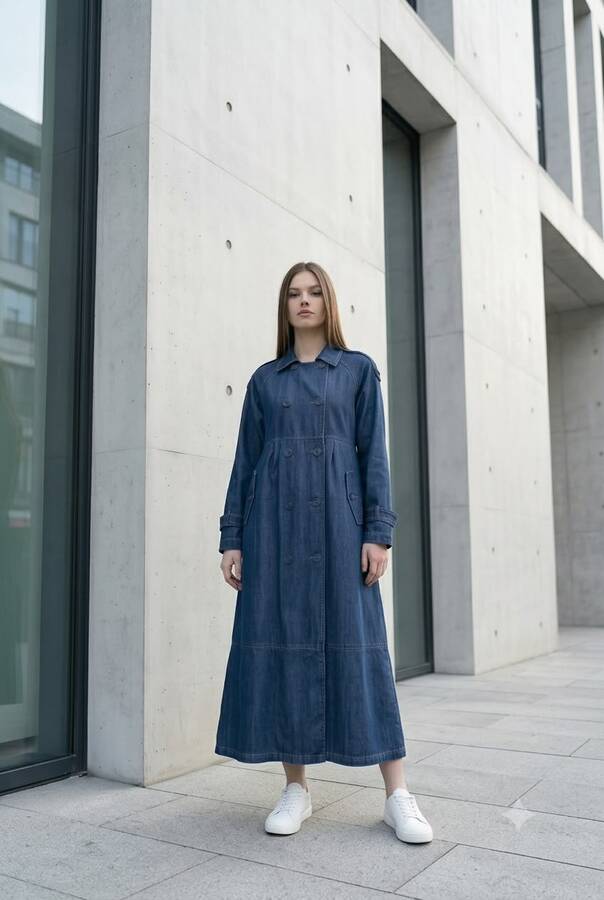 6632-Reglan Kollu Süs Pileli Denim Ceket Koyu Mavi