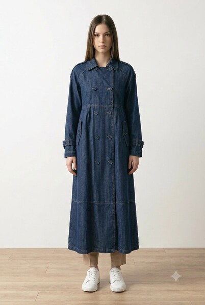 Neways - 6632-Reglan Kollu Süs Pileli Denim Ceket Koyu Mavi
