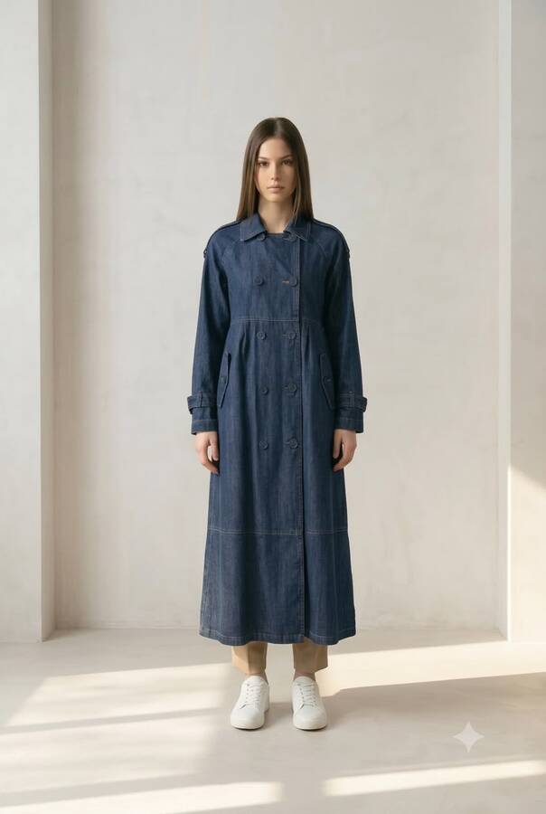 6632-Reglan Kollu Süs Pileli Denim Ceket Koyu Mavi