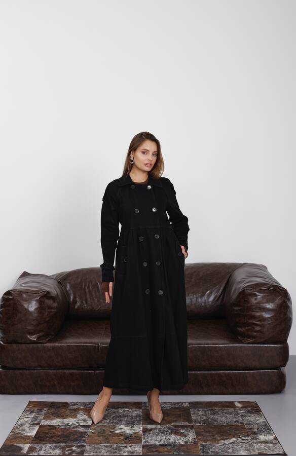 6632-Reglan Kollu Süs Pileli Denim Ceket Siyah