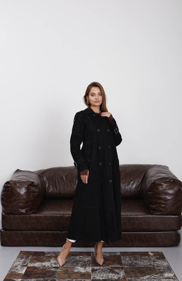 6632-Reglan Kollu Süs Pileli Denim Ceket Siyah